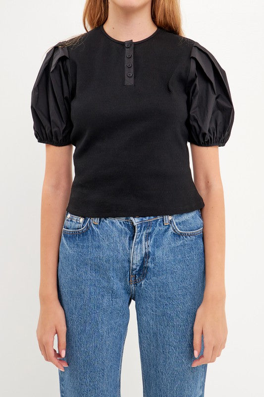 Mixed Media Puff Sleeve Henley Top