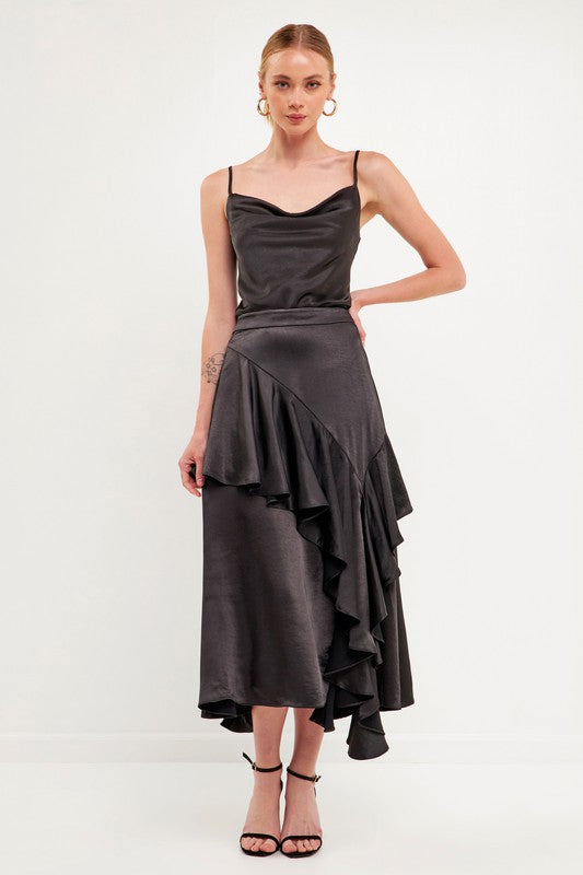 Satin Waterfall Midi Skirt