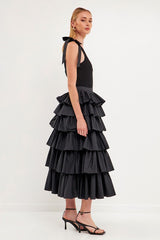 Pleated Combo Maxi Poplin Skirt (Black or Burgundy)