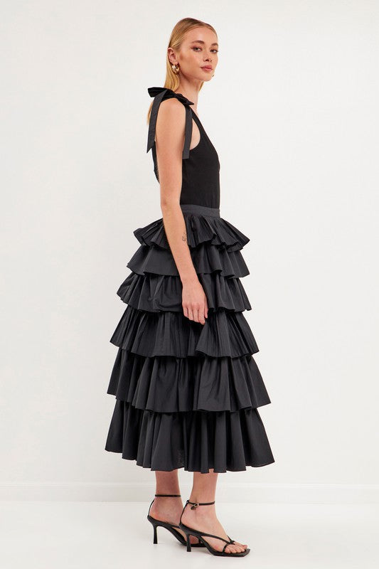 Pleated Combo Maxi Poplin Skirt (Black or Burgundy)