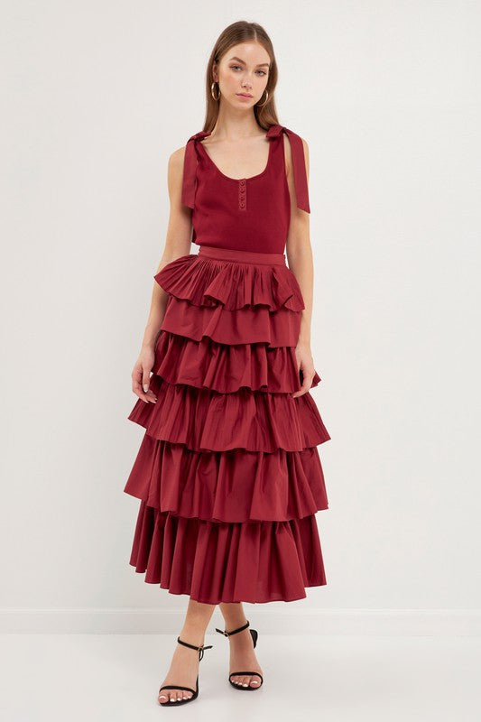 Pleated Combo Maxi Poplin Skirt (Black or Burgundy)
