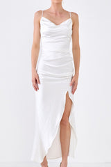 Ruched Asymmetrical Satin Slip Maxi