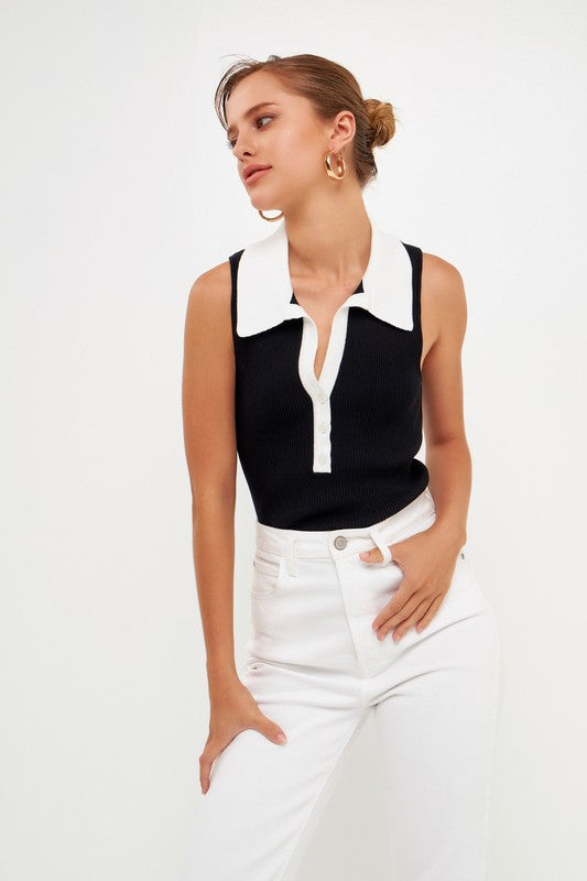 Ribbed Collared Sleeveless Top (Blk/Wht or Wht/Nude)