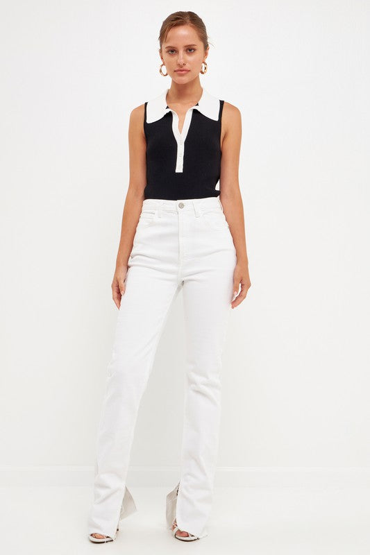 Ribbed Collared Sleeveless Top (Blk/Wht or Wht/Nude)