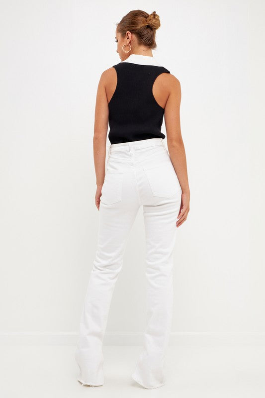 Ribbed Collared Sleeveless Top (Blk/Wht or Wht/Nude)