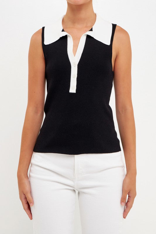 Ribbed Collared Sleeveless Top (Blk/Wht or Wht/Nude)