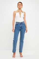 Ribbed Collared Sleeveless Top (Blk/Wht or Wht/Nude)