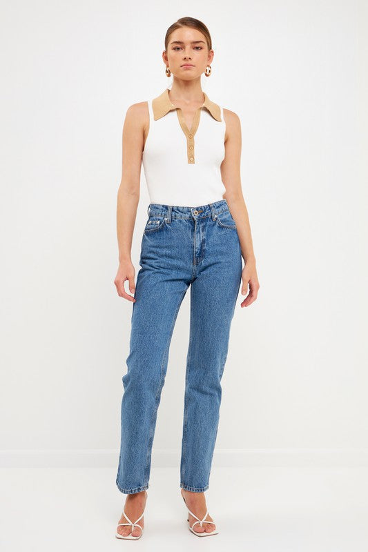 Ribbed Collared Sleeveless Top (Blk/Wht or Wht/Nude)