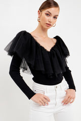 Mesh Pleated Ruffle Top