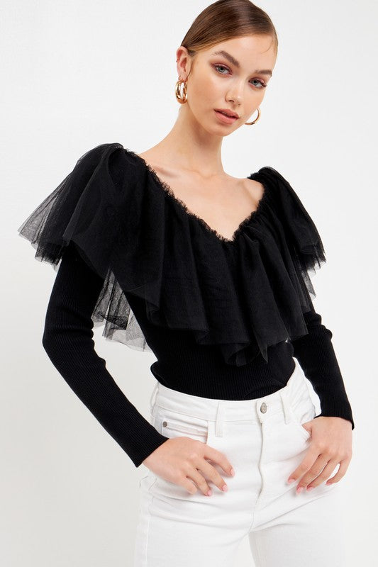 Mesh Pleated Ruffle Top