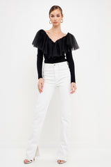 Mesh Pleated Ruffle Top