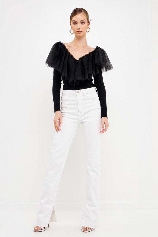 Mesh Pleated Ruffle Top