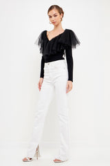Mesh Pleated Ruffle Top