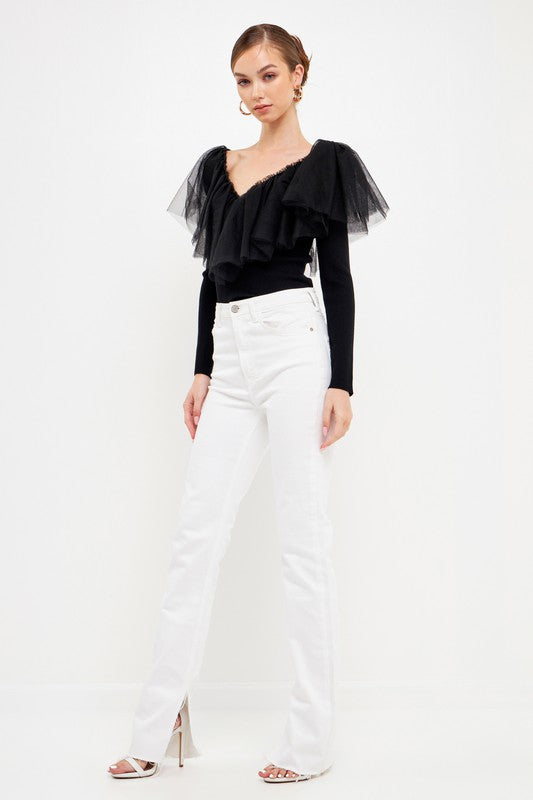 Mesh Pleated Ruffle Top