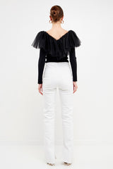 Mesh Pleated Ruffle Top