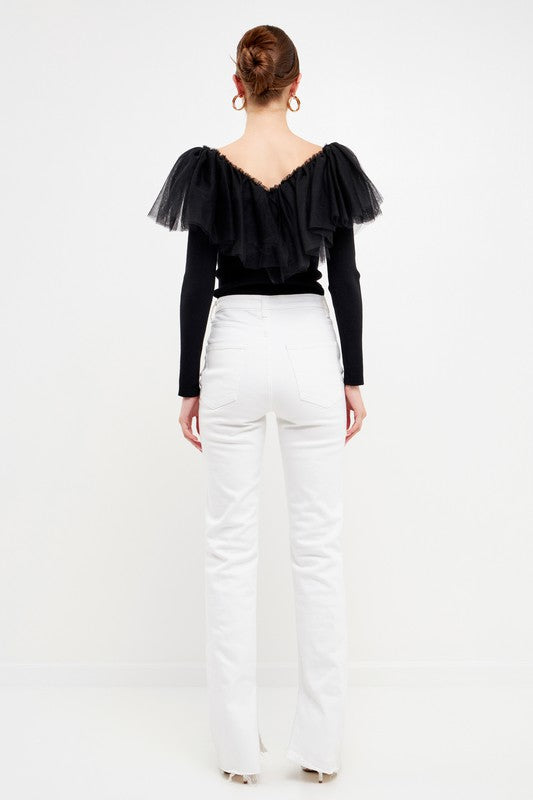 Mesh Pleated Ruffle Top