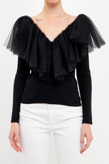 Mesh Pleated Ruffle Top