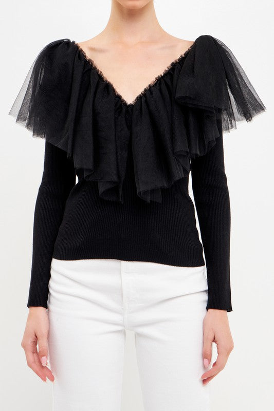 Mesh Pleated Ruffle Top