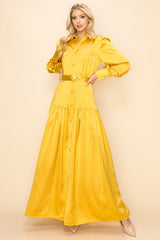 Mustard Belted Satin Maxi Dress