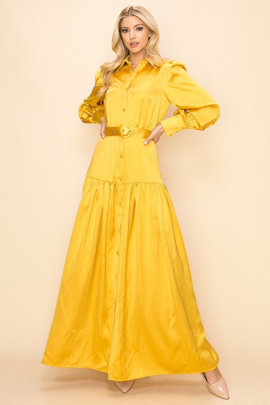 Mustard Belted Satin Maxi Dress