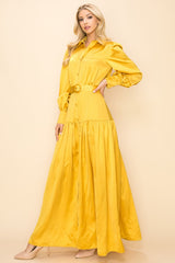 Mustard Belted Satin Maxi Dress