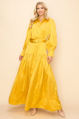 Mustard Belted Satin Maxi Dress