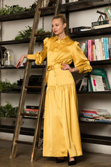 Mustard Belted Satin Maxi Dress
