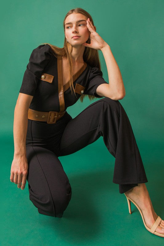 Surplice Neckline Black Woven Jumpsuit