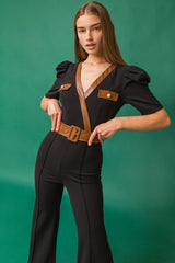 Surplice Neckline Black Woven Jumpsuit