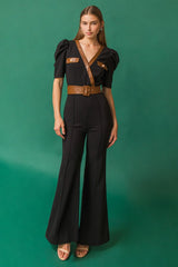 Surplice Neckline Black Woven Jumpsuit