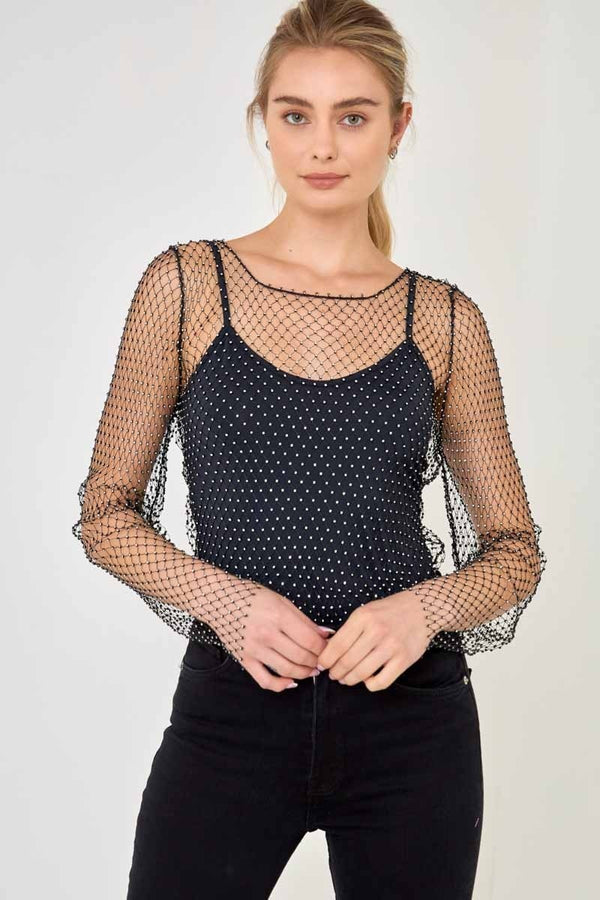 Embellished Long Sleeve Top (Black and Nude)