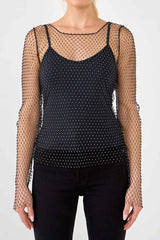 Embellished Long Sleeve Top (Black and Nude)
