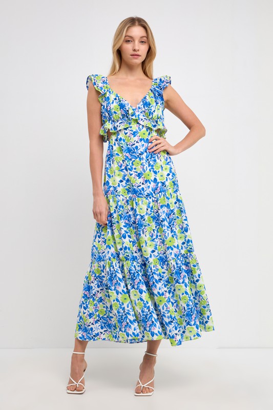 Blue Green Ruffled Maxi Dress