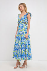 Blue Green Ruffled Maxi Dress