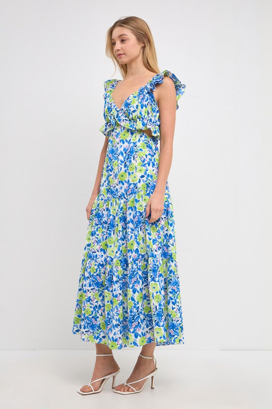 Blue Green Ruffled Maxi Dress