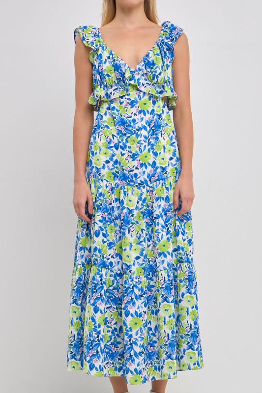 Blue Green Ruffled Maxi Dress