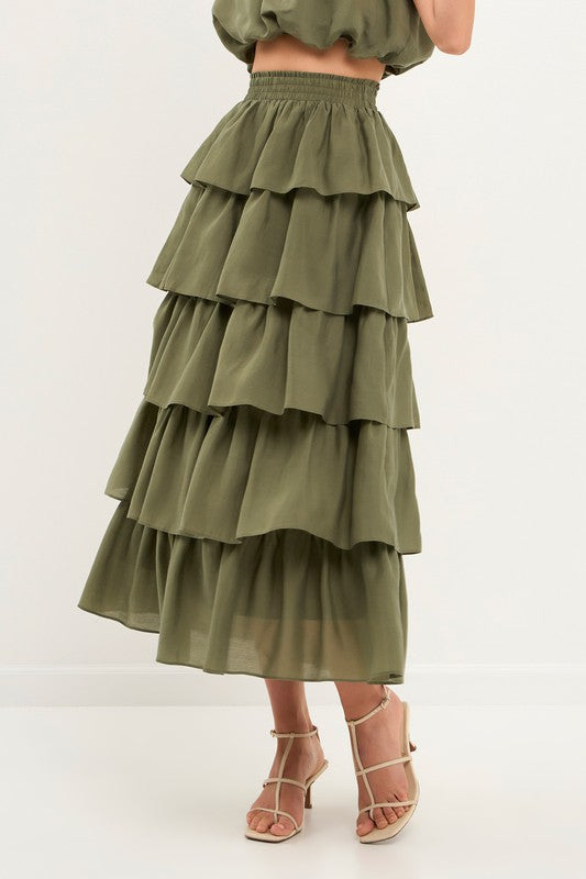 Olive Tiered Midi Skirt