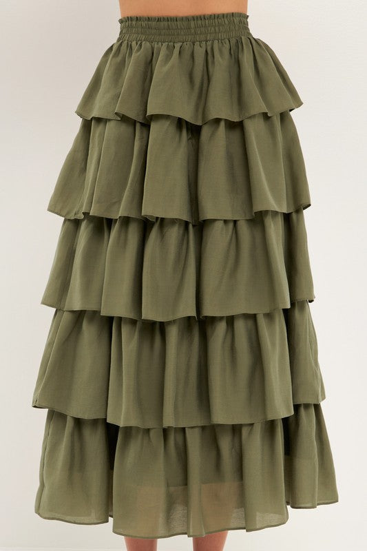 Olive Tiered Midi Skirt