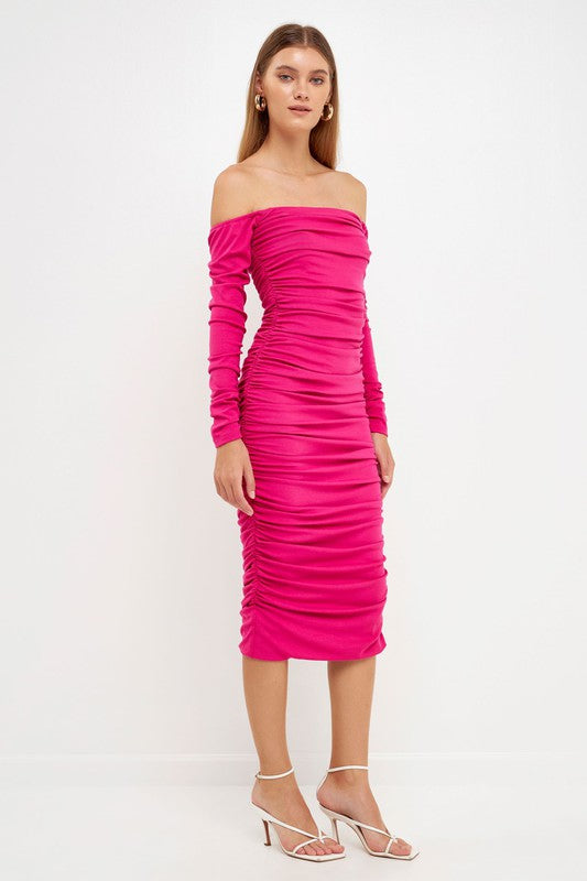 Fuchsia Ruched Midi Dress