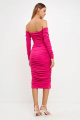 Fuchsia Ruched Midi Dress