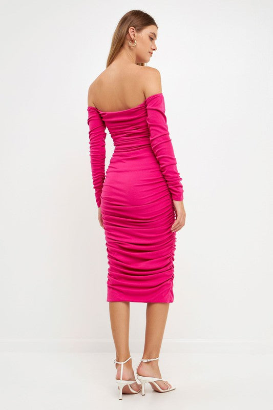 Fuchsia Ruched Midi Dress