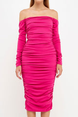 Fuchsia Ruched Midi Dress