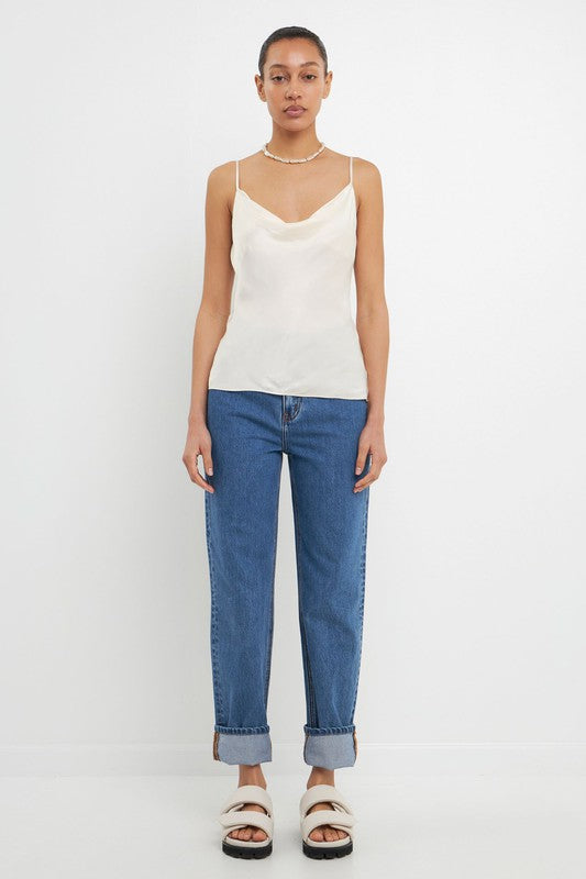 Satin Cowl Neck Top (Pink, White)