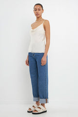 Satin Cowl Neck Top (Pink, White)