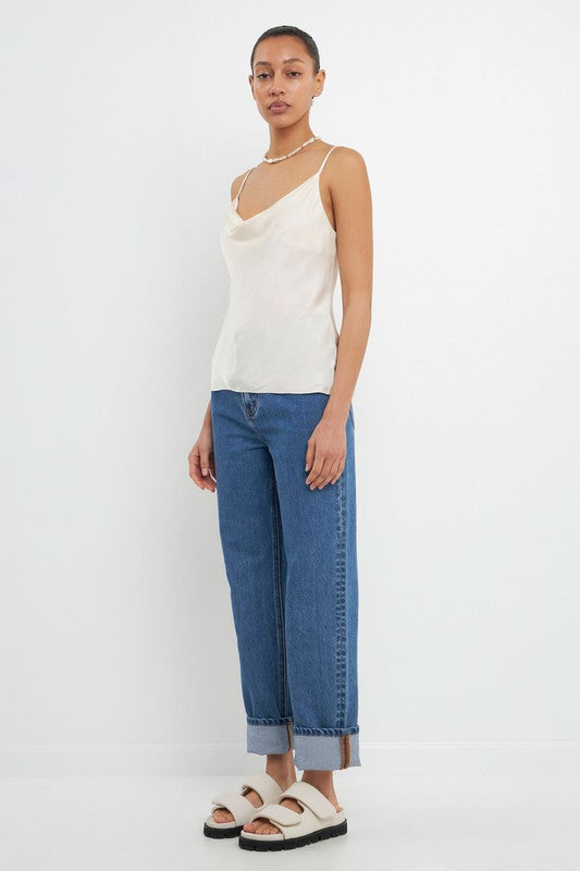 Satin Cowl Neck Top (Pink, White)