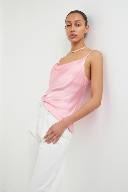 Satin Cowl Neck Top (Pink, White)