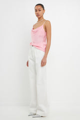 Satin Cowl Neck Top (Pink, White)