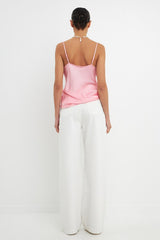 Satin Cowl Neck Top (Pink, White)