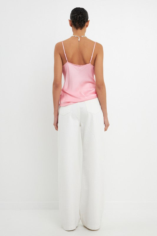 Satin Cowl Neck Top (Pink, White)