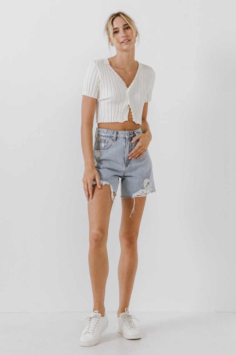 Destroyed Hem Denim Shorts